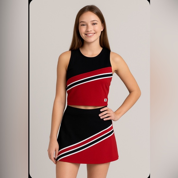 Lot Of 2 Adults Cheerleading Uniform Black Red &White Tops Are Lg Bottom Medium - Picture 1 of 15